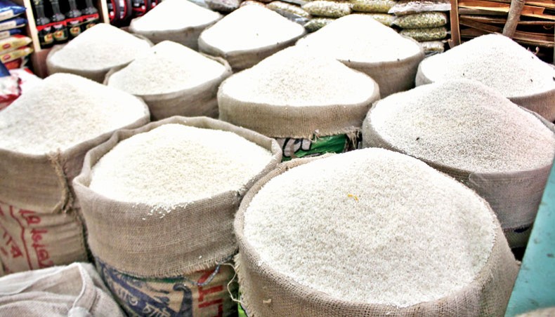 A file photo shows sacks of rice at the Kaptan Bazar kitchen market in Dhaka. The prices of rice and soya bean oil increased on the kitchen markets in the capital Dhaka on Friday, a day after the announcement of the proposed national budget for the financial year 2021-22.— Focusbangla photo