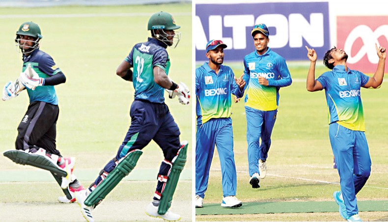 Khelaghar batsmen Mehidy Hasan and Jahurul Islam (L) run between the wickets while Shinepukur spinner Tanvir Islam (R) celebrates one of his three wickets during their respective DPL matches at the SBNS on Friday. — BCB photos