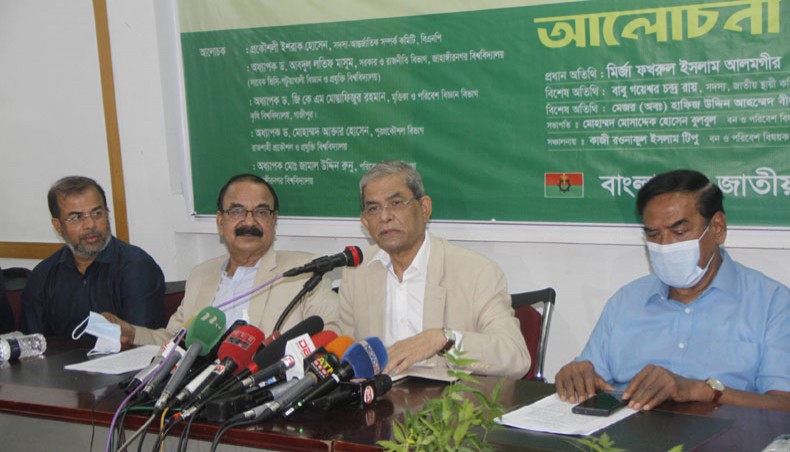 BNP secretary general Mirza Fakhrul Islam speaks at a discussion on World Environment Day at the National Press Club in Dhaka on Saturday. — New Age photo