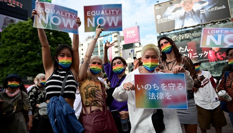 People take part in a rally organised by Human Rights Watch to support the LGBT legislation in Shibuya district of Tokyo on June 6, 2021. – AFP photo