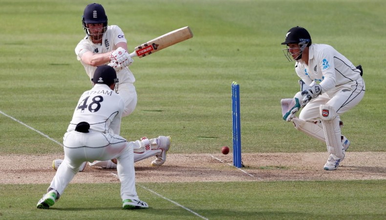 England opener Dom Sibley plays a shot on the fifth and final day of their first Test against New Zealand at Lord's on Sunday.-- AFP photo
