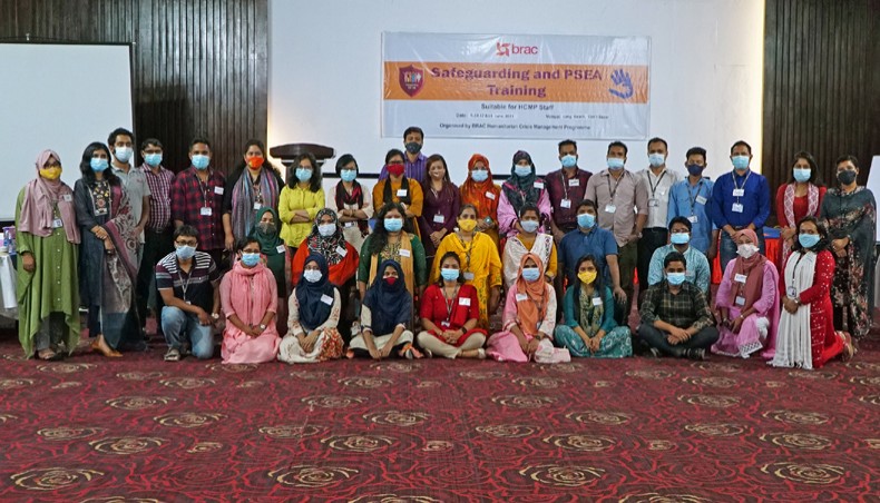 BRAC trainees and trainers pose for a photo in the inaugural session of a training programme on ‘Safeguarding and PSEA Training’ at a hotel in Cox’s Bazar on Wednesday. – Press release photo