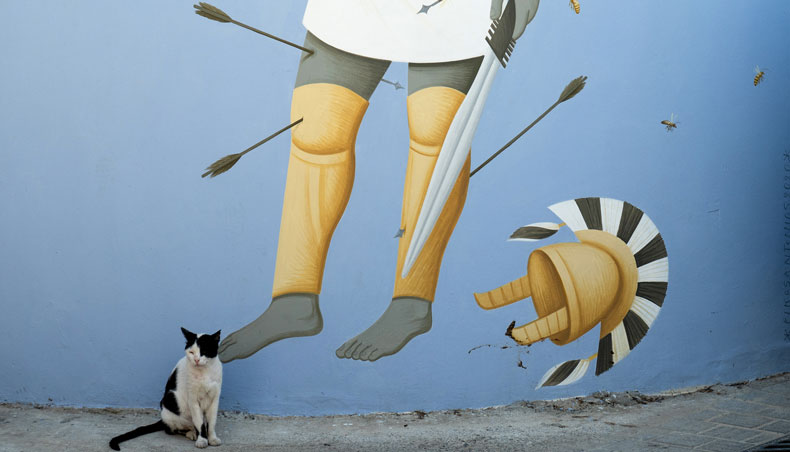 A cat sits next to a mural by Greek artist Fikos, who describes himself as a ‘neo-muralist’, in the Cypriot capital Nicosia on June 7, 2021. — AFP photo
