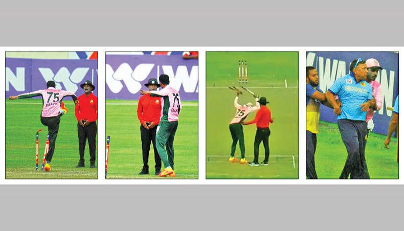 A combo picture shows Mohammedan captain Shakib Al Hasan kicking the stumps, arguing with umpire Imran Parvez, throwing the stumps in frustration after the umpires decided to stop the play due to rain. Abahani coach Khaled Mahmud being stopped by players and support staff when he was agitatedly moving towards the Mohammedan dressing room after taunting gestures from Shakib. — Courtesy photos