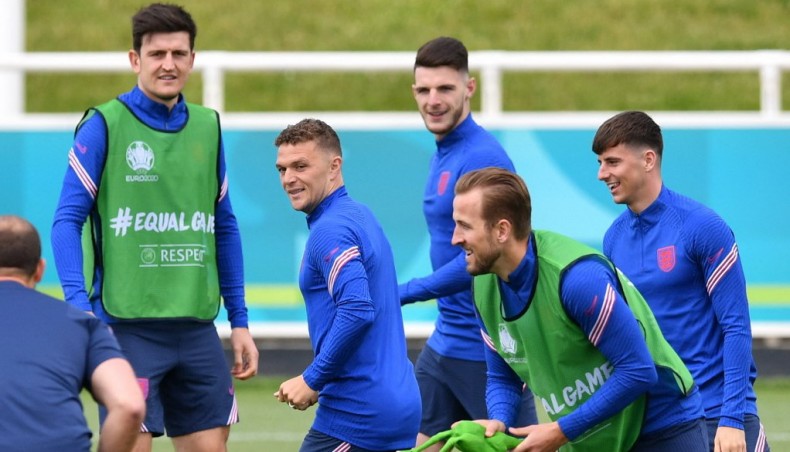 (From L-R): England players Harry Maguire, Kieran Trippier, Declan Rice, Harry Kane and Mason Mount take part in their MD-1 training session at St George’s Park in central England on Saturday. — AFP photo