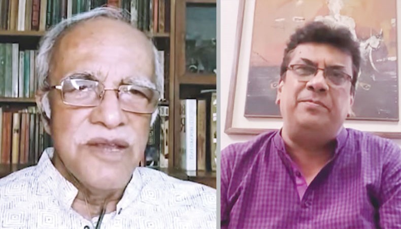 Mofidul Hoque, left, Khairul Anam Shakil participate in a online programme organised by Chhayanaut to remember six late eminent musicians on Friday.