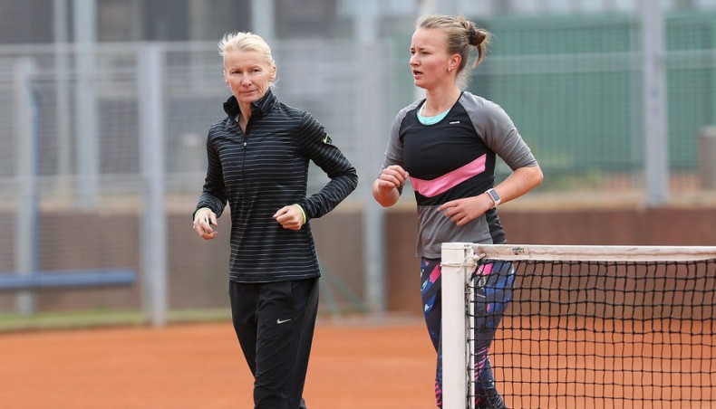 A file photo from 2016 shows Barbora Krejcikova (R) training with Jana Novotna in Prague. — Twitter photo
