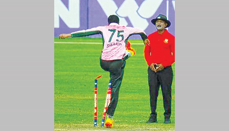 A file photo from June 11, 2021 shows Mohammedan captain Shakib Al Hasan kicking the stumps in frustration during their DPL match against Abahnai Limited at Mipur. — Courtesy photo