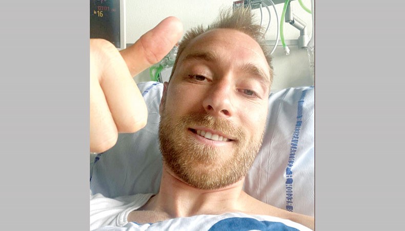 This image distributed with permission from DBU, Denmark Football Unioun, shows Denmark’s football player Christian Eriksen photographed at Rigshopitalet in Copenhagen on Tuesday. — AFP photo