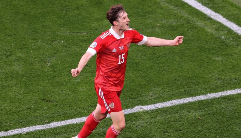 Russia forward Aleksey Miranchuk celebrates after scoring his team’s opening goal during their UEFA EURO 2020 match against Finland at the Saint Petersburg Stadium in Saint Petersburg on Wednesday. — AFP photo