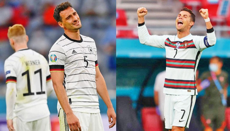 Germany defender Mats Hummels (L) reacts after scoring an own goal against France in Munich while Portugal forward Cristiano Ronaldo (R) celebrates at the end of their Euro 2020 match against Hungary in Budapest on Monday. — AFP photos