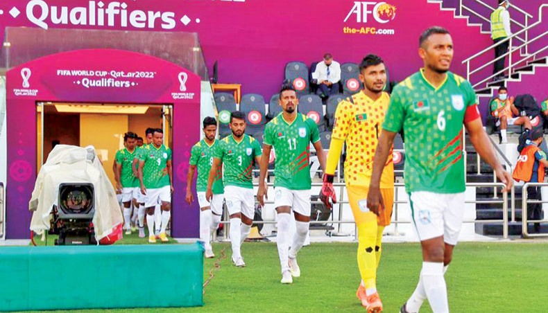 A file photo from June 3, 2021 shows Bangladesh national football team players coming out of the tunnel prior to their FIFA-AFC joint qualifiers match against Afghanistan at the Jassim Bin Hamad Stadium in Doha, Qatar. — BFF photo