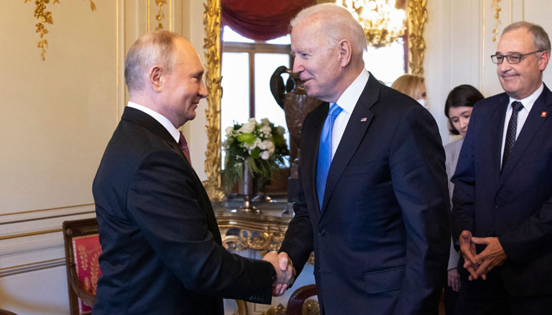 US president Joe Biden shakes hands with Russian president Vladimir Putin prior to the US-Russia summit at the Villa La Grange, in Geneva on June 16, 2021. — AFP photo