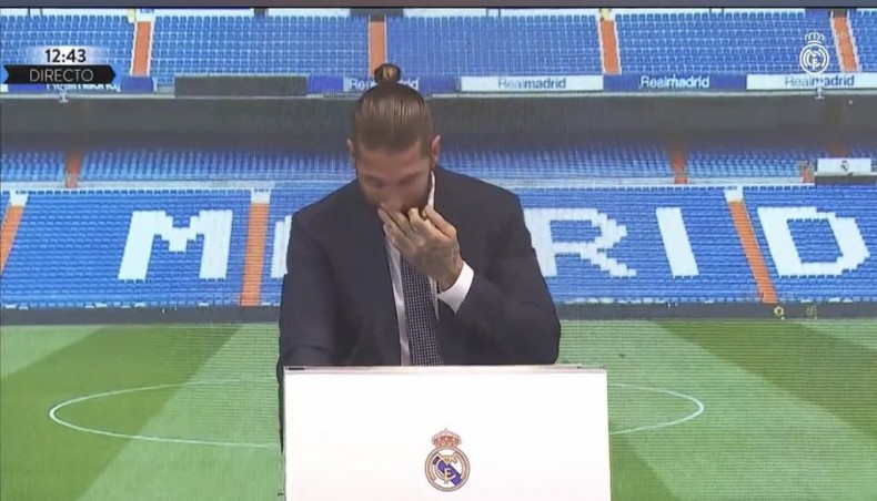 Real Madrid captain Sergio Ramos in tears during a press conference in Madrid on Thursday.-- Twitter photo