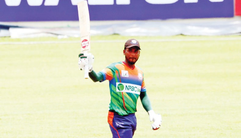 Brothers Union opener Mizanur Rahman celebrates his hundred against Sheikh Jamal Dhanmondi Club during their Dhaka Premier League match at the BKSP on Thursday.— Courtesy photo