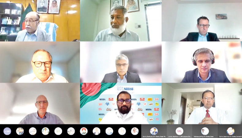 Industries minister Nurul Majid Mahmud Humayun along with Nestle Bangladesh managing director Deepal Abeywickrema virtually inaugurates the infant formula processing, filling and packaging plant of Nestle Bangladesh Limited at Sreepur in Gazipur on Thursday. — Press release