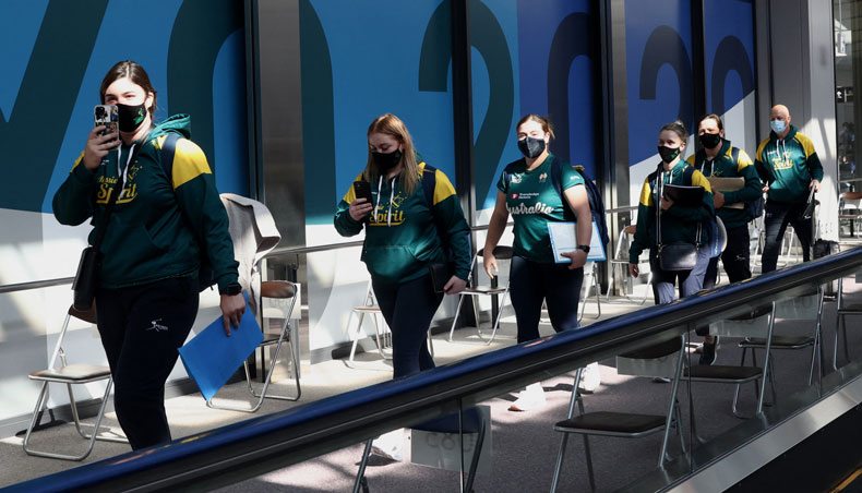 In this file photo taken on June 1, 2021, Australian softball national team players arrive at Narita Airport in Chiba prefecture to take part in the upcoming Tokyo 2020 Olympic Games. — AFP photo