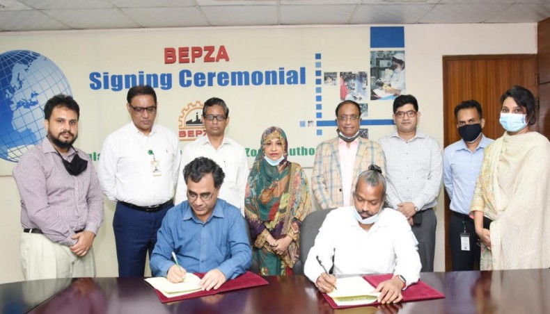 Ms Sewtech Fashion Limited, a company of India, signs an agreement with Bangladesh Export Processing Zones Authority at BEPZA Complex in Dhaka on Sunday to establish a readymade garments manufacturing factory in Chattogram EPZ. -- BSS photo