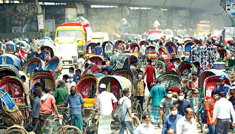 A large number of rickshaws choke the Jatrabari crossing in Dhaka on Monday amid strict restrictions on movement imposed to check the rise in coronavirus infections. — Sony Ramany