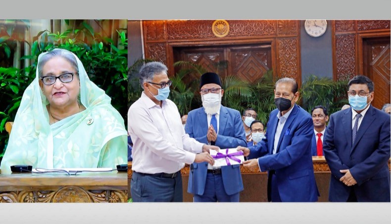 Guests pose for a photo when Meghna Bank Limited chairman HN Ashequr Rahman hands over a Tk 2 crore cheque to the PM’s principal secretary Ahmad Kaikaus at the prime minister’s office on Monday and Sheikh Hasina joined the program virtually. ---- Press release photo.